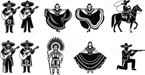 Mexican musicians and dancers in traditional attire performing with instruments.