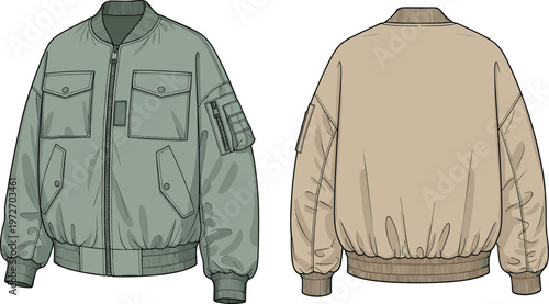 Front and back view of bomber jackets in green and beige.