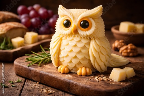A cheese sculpture shaped like an owl in a rustic table setting