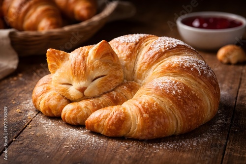 A croissant pastry shaped like a sleeping cat on a wooden table