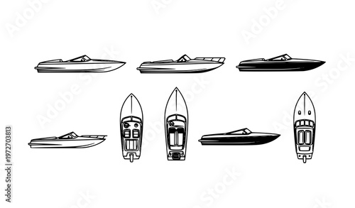 Minimal vintage speedboat silhouettes simple motorboat icon set vector illustration isolated on white background