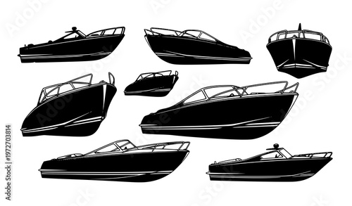 Vintage motorboat silhouettes dynamic collection retro speedboat vector illustration isolated on white