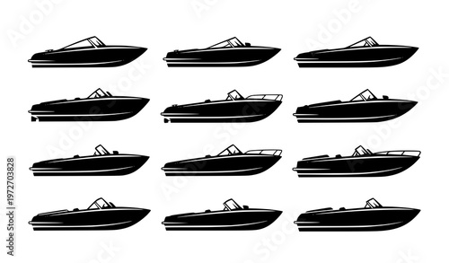 Vintage speedboat silhouettes set classic motorboat clipart vector collection isolated on white background