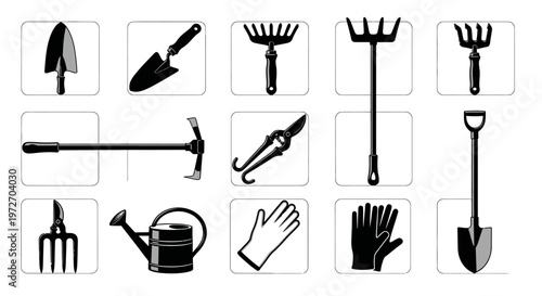 Gardening tools icons set including shovel trowel rake hoe watering can gloves on white background for landscaping gardening and agriculture concepts