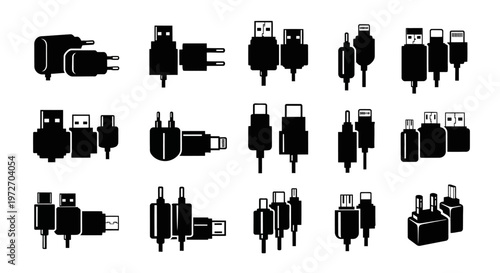 Collection of various black charger and cable icons on white background for technology and electronics concepts
