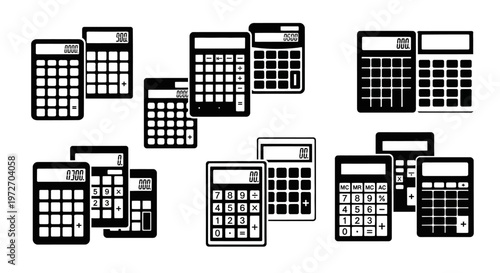 Collection of various black and white calculator icons on clean background for business finance