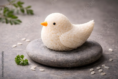 Rice molded into a minimalist, zen-styled bird form
