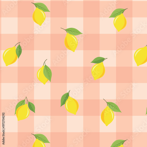 Fotografie Lemon Gingham Seamless Pattern for Cottage Core Textiles, Wrapping and Kitchen D
