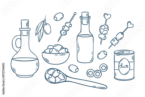 Big vector set of olives, olive oil and canapes, simple icons in doodle and sketch style with Mediterranean blue line. Hand-drawn collection for food menus or Mediterranean branding