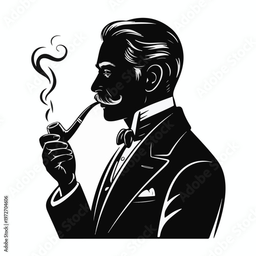 Vintage Gentleman Smoking Pipe Silhouette – Classic Retro Man Vector Illustration