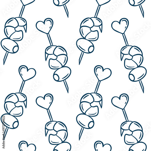 Doodle style seamless pattern with olive canapes with shrimp and Mediterranean blue outlines. Clean hand-drawn vector repeat for catering branding or Mediterranean recipe cards