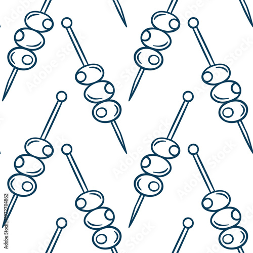 Elegant olive canapes, simple vector pattern in doodle and sketch style with Mediterranean blue line. Hand-drawn repeating appetizer design for kitchen textiles or food packaging