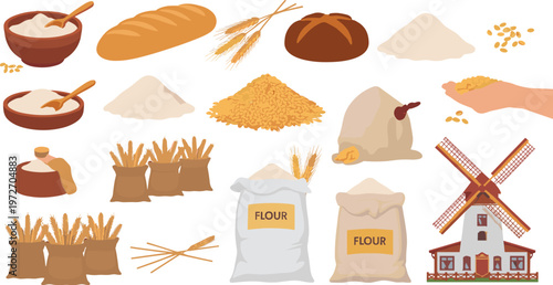Baking Ingredients And Mill Illustration flour wheat