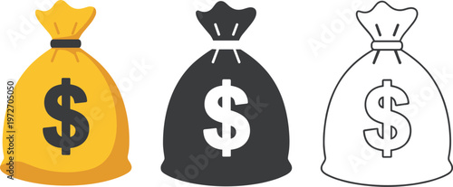Money Bag Icons with Dollar Signs in Color and Outline