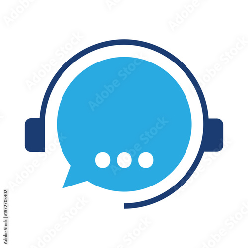 Blue and dark blue chat bubble with headset icon on white background speech message