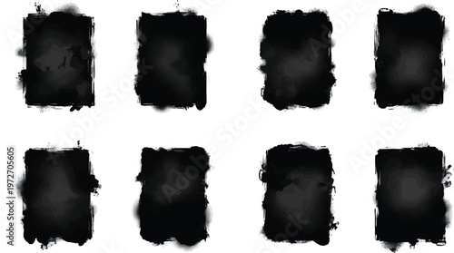 Eight abstract black ink splatters with rough, textured edges are arranged in a two-by-four grid on a pure white background, offering a grunge aesthetic.