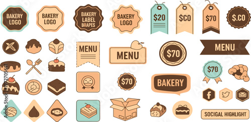 Bakery Branding Elements Icons Set Featuring Labels, Price Tags, Menu Badges, Desserts, and Pastry Shop Logo Templates Flat Vector Collection