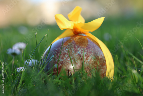 PARIS, FRANCE - APRIL 4, 2026: A large chocolate Easter egg hidden in the green grass. The Easter egg hunt tradition
