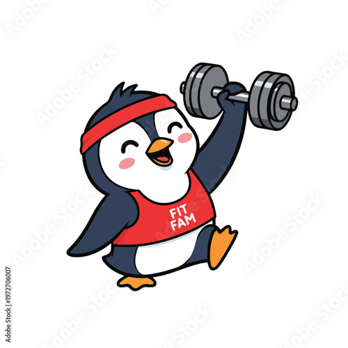 Penguin weightlifter wearing headband and red workout shirt