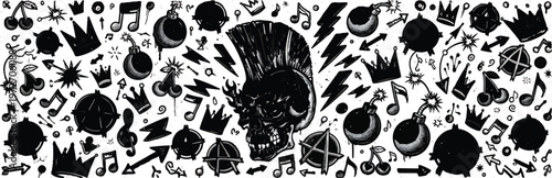 A detailed black and white illustration features a large skull with a punk mohawk surrounded by numerous graphic elements like crowns, music notes, bombs, and lightning bolts.