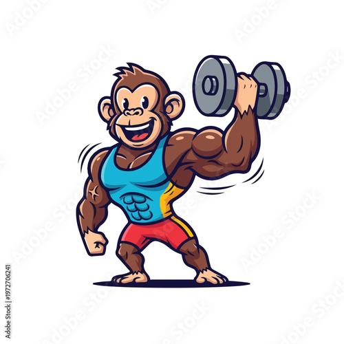 Strong Cartoon Monkey Lifting Dumbbell