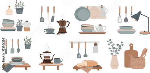Cozy Kitchen Homeware Icons Set Featuring Coffee Maker, Tableware, Utensils, Bread, Plants, and Scandinavian Style Interior Elements Flat Vector Collection