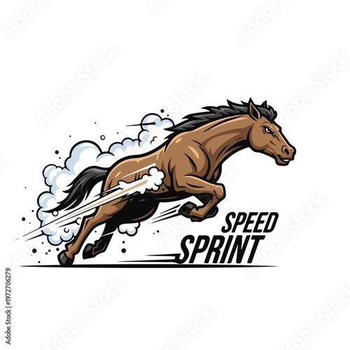 Horse sprinting with dust and motion lines for speed theme
