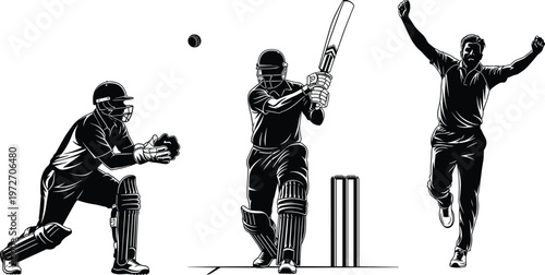 Cricket player silhouette collection, sports outline figure, batsman motif illustration, bowler icon art, wicketkeeper design graphic, dynamic posture symbol image