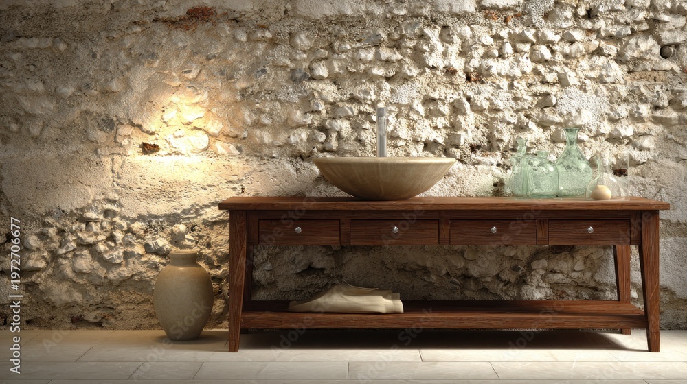 Fototapeta premium Wooden table with decorative bowls and textured stone wall background