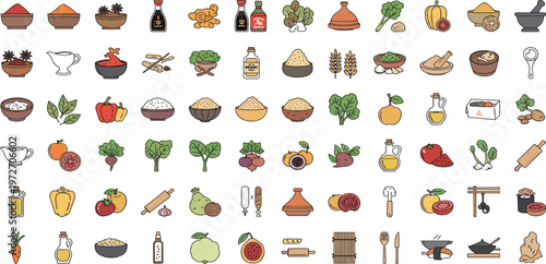 Food Ingredients and Cooking Items Icons Set with Spices, Vegetables, Fruits, and Kitchen Tools Flat Vector Illustration Collection