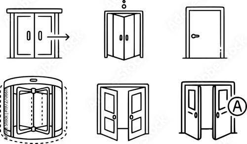 Automated doors icons set multiple style collection. Editable stroke
vector silhouette illustration isolated on white background 