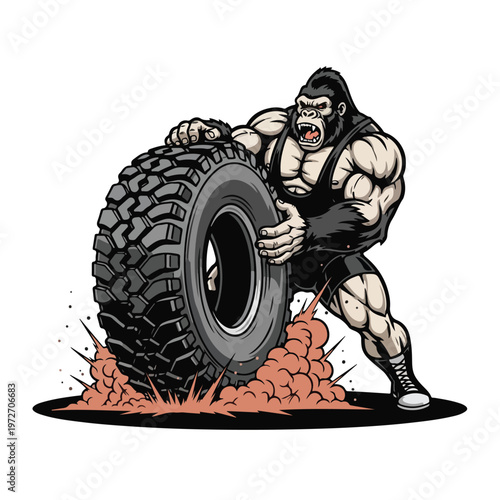 Strong gorilla lifting oversized tire for strength training