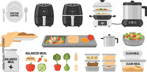 Healthy Cooking and Meal Prep Icons with Air Fryer, Steamer, Balanced Diet, and Food Containers Flat Vector Illustration Set