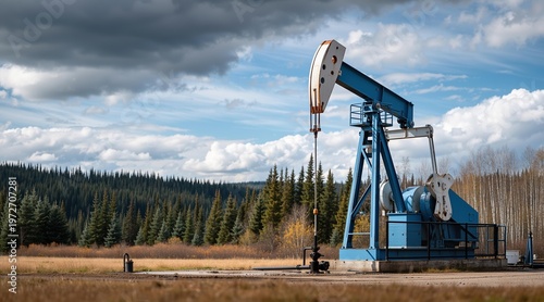 Oil pumpjack extracting petroleum in nature field. Industrial mechanism operating for energy production. Fossil fuel resource extraction technology in forest landscape. Environmental impact.
