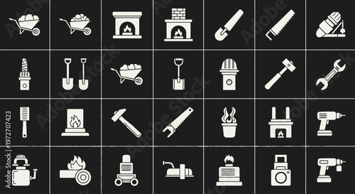 Collection of construction tools and equipment icons.