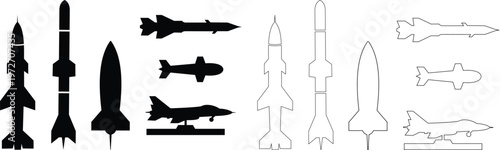 Missile rocket bomb aircraft icon set collection group in black flat and line style vector illustration, military aviation weapon jet flight symbol pack minimal outline design bundle