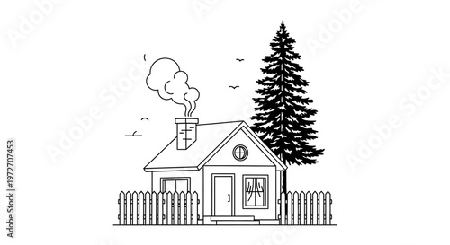 A cozy house with a fence and tree.