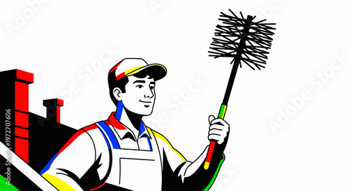 A worker in a uniform holding a brush.