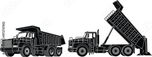 dump truck illustration, heavy construction vehicle, industrial transport concept, tipper truck unloading, mining equipment, engineering machinery, cargo hauling, vector design
