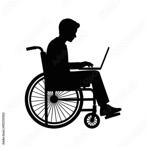 Silhouette of wheelchair user working on laptop, remote work, online job and independent inclusive lifestyle concept, part of disability silhouettes collection
