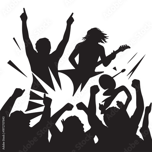 Rock Band Performing Live Concert Silhouette – Guitarist Drummer Crowd Vector Illustration