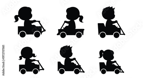 Cartoon silhouettes of children driving small toy cars in a grid pattern