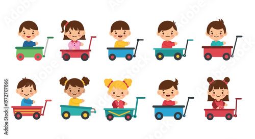 Diverse group of children happily pushing and riding colorful toy wagons