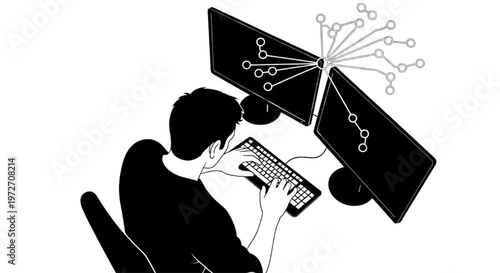 Silhouette of an IT professional or engineer working with dual monitors and visualizing complex digital network data structures