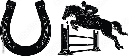horse jumping silhouette with rider, equestrian sport illustration, horseshoe icon, show jumping competition, equine training, black vector design, dynamic action