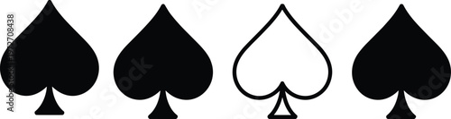 Set of black spade suit vector icons with solid silhouettes and outline styles for casino gambling and playing cards.