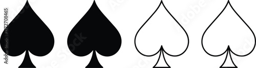 Set of black spade suit vector icons with solid silhouettes and outline styles for casino gambling and playing cards