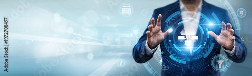 Photography Businessman holding cloud computing interface with networking data, digital stor