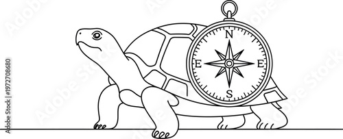 Elegant minimalist line art of a wise turtle carrying a reliable compass on its back, symbolizing methodical progress, careful navigation, and finding a clear path in life's journey.