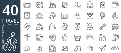 Vacation and adventure icons set. Includes symbols of airplane, suitcase, beach, hiking, landmarks, and tourist activities. Editable stroke. Vector illustration. Outline icons.